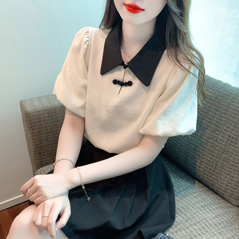 

New Chinese Style Vintage Turn-down Collar Women Blouses 2024 Summer Fashion Lantern Short Sleeve Shirts Ladies Elegant Blouse