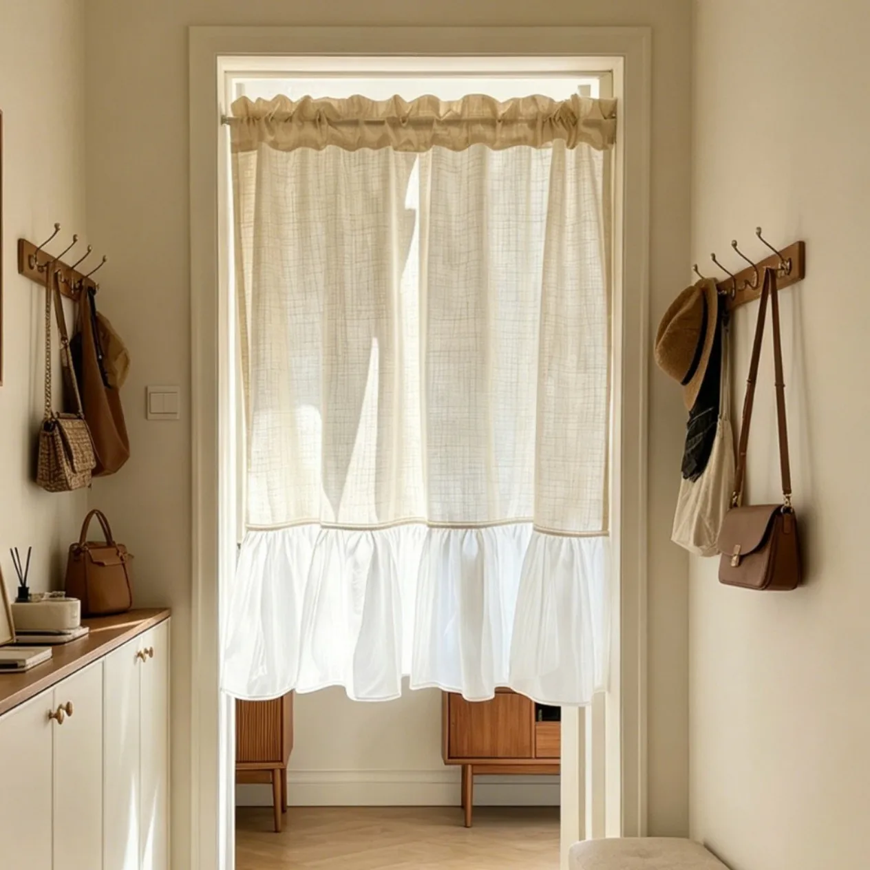 Boho Kitchen Curtains Farmhouse Cotton Linen Ruffle Curtain, Country Semi Transparent Window Drapes for Laundry Room Basement