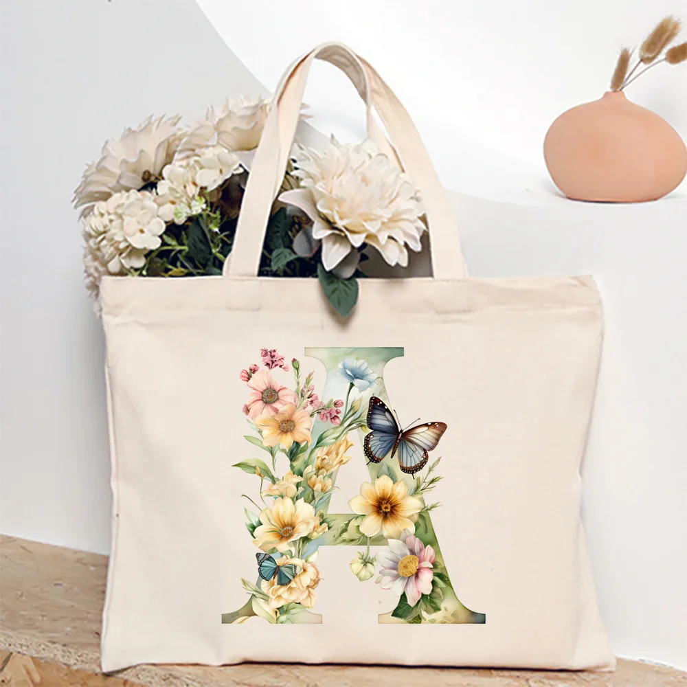 Borsa tote con stampa floreale AZ iniziale per donna Borsa a tracolla da viaggio riutilizzabile stampata in tela di grande capacità per lo shopping