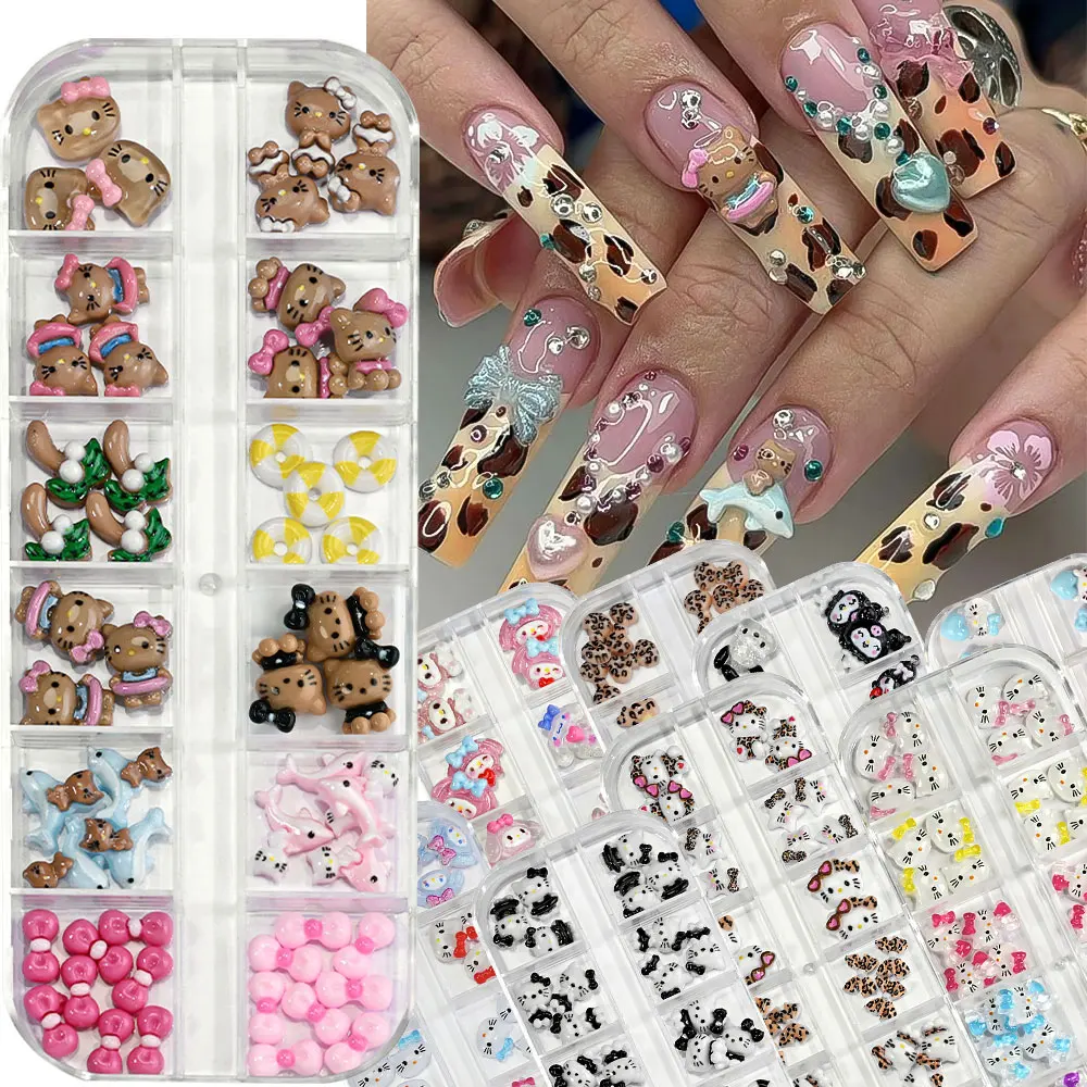 

12 сеток/коробка, коричневые леопардовые подвески для ногтей «Hello Kitty», Sanrioed Kawaii KT Cat Bow Kuromi, стразы Y2K, ювелирные изделия, украшение для дизайна ногтей