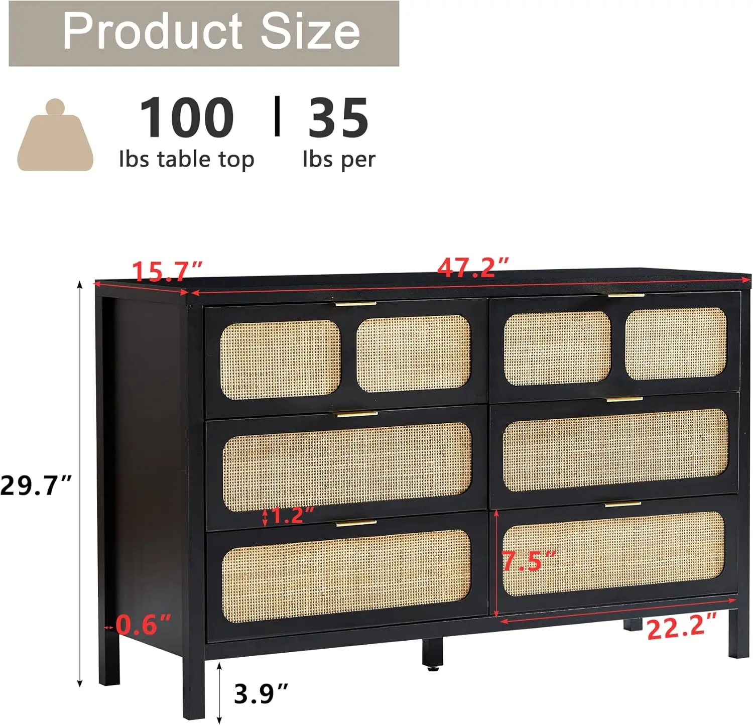 6 Drawer Dresser, Modern Rattan Dresser Chest With Wide Drawers And Metal Handles, Farmhouse Wood Storage Chest Of Drawers For