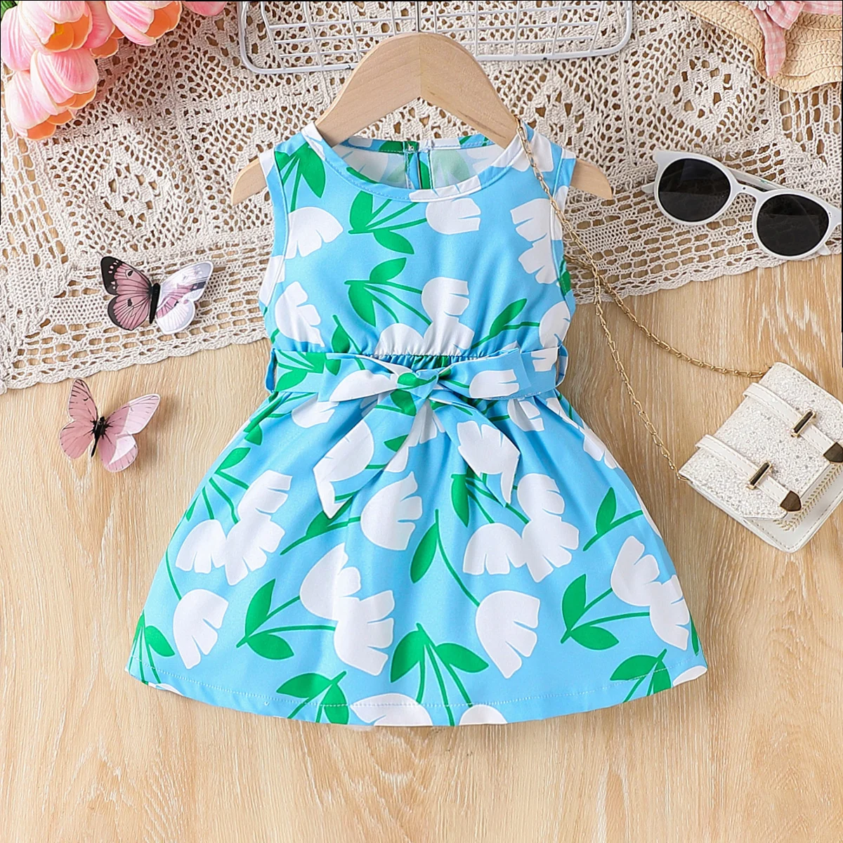 

Baby girl baby fashion cute flower full body printed belt tie bow decorative vest dress summer