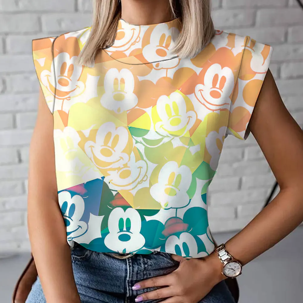 Summer Fashion New Casual Versatile Cute Mickey Minnie Cartoon Pattern 3D Women\'s Harajuku Street High Neck T-Shirt Vest