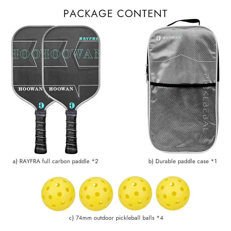 Hoowan Rayfra Pickle ball Paddel Set mit 2 Vollcarbon-Pickleball-Schlägern, 4 strap azier fähigen Bällen im Freien und 1 tragbaren Paddel koffer