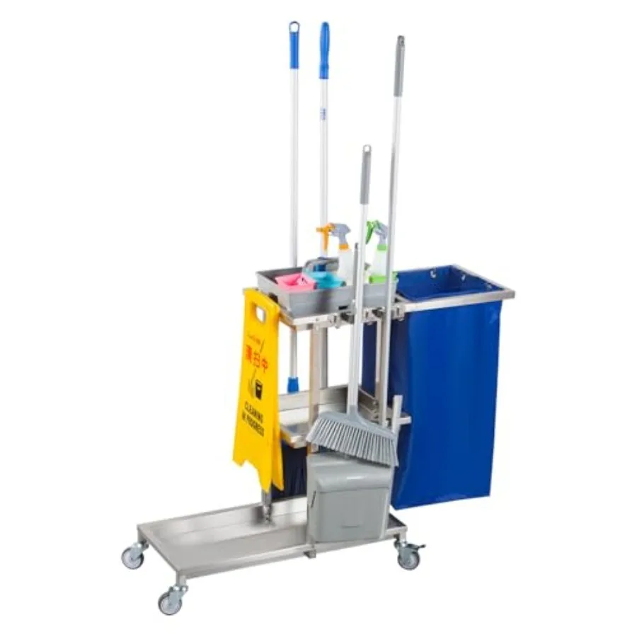 

3-Tier Heavy-Duty Plastic Cleaning Cart On Wheels, Commercial Utility Housekeeping Cart with Shelves, Janitorial Supply Organiz