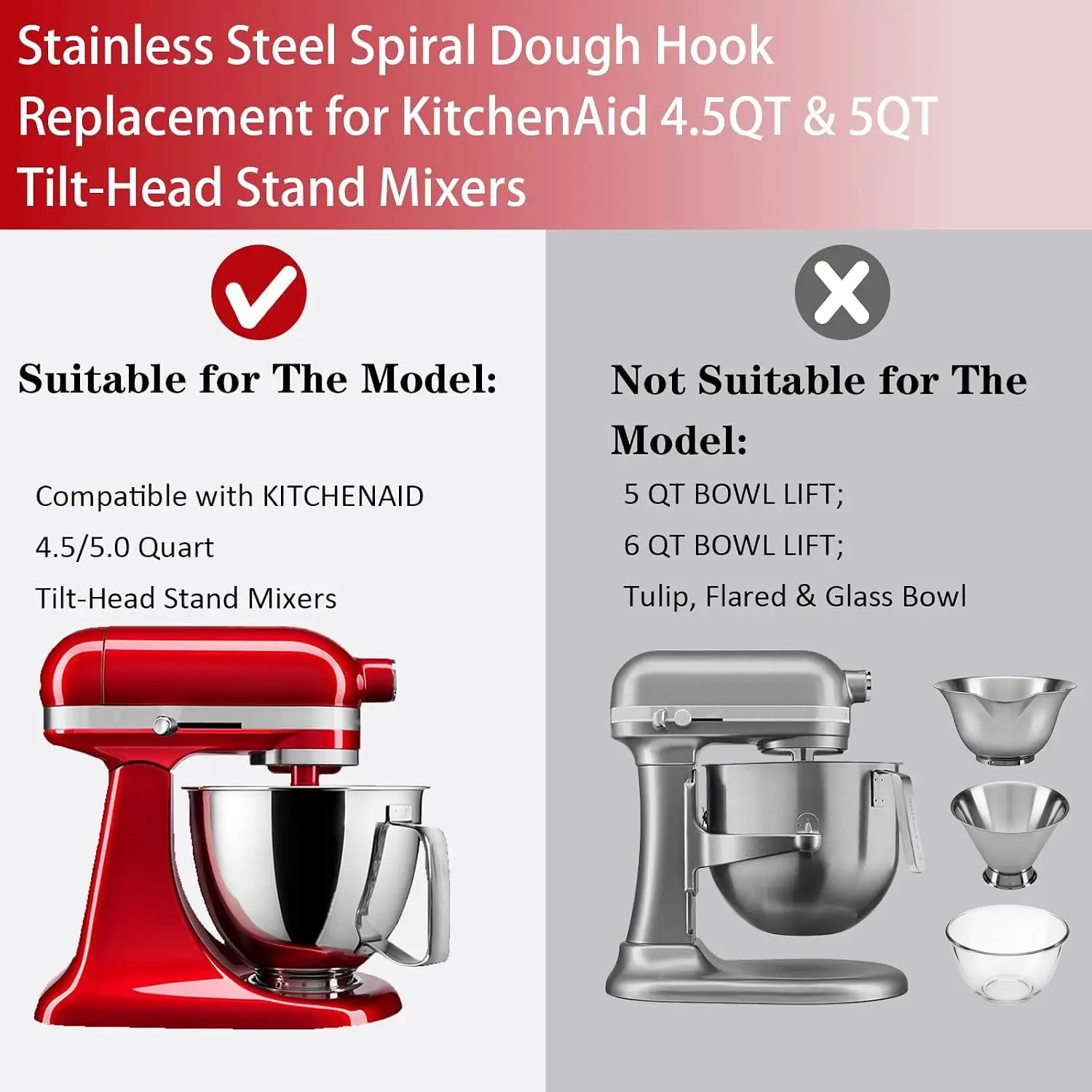 Stainless Steel Spiral Dough Hook for KitchenAid Tilt-Head Stand Mixers 4.5 & 5 Quart Rustproof Replacement Dough Hook for Bread - view 3