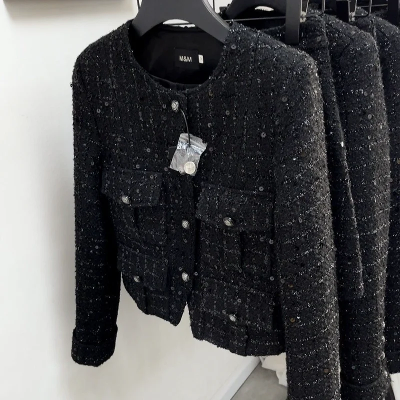 Black Sequins Wool Tweed O Neck Short Coat Small Fragrance Casual Fashion Pockets Korea Chic Daily Women Jacket Autumn Winter