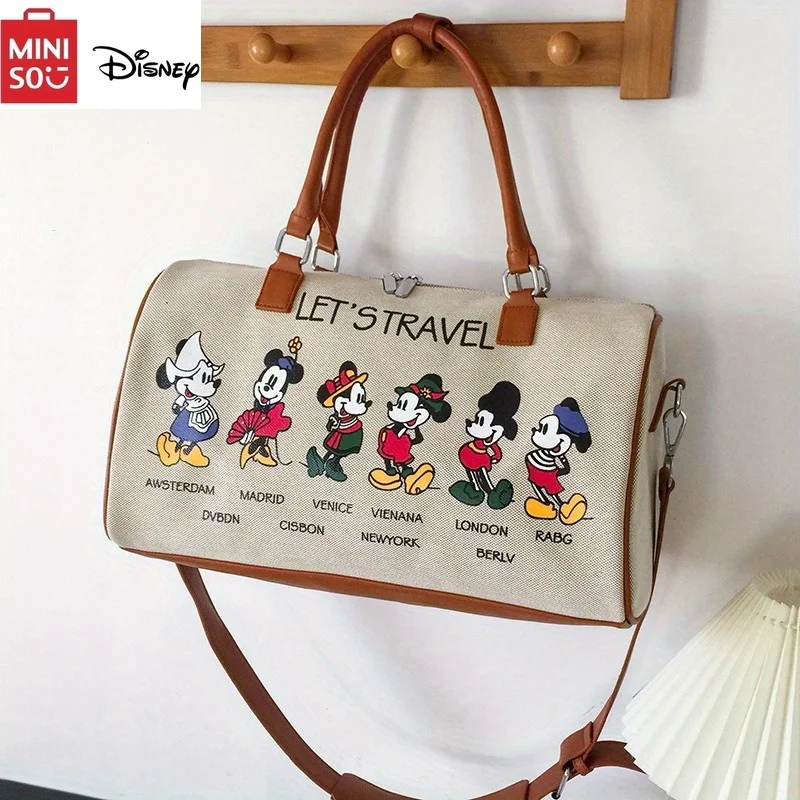 MINISO Disney Mickey Mouse Canvas Tote Bag Large Capacity Travel with Shoulder Strap Cartoon Short Travel Bag Handbag for Women