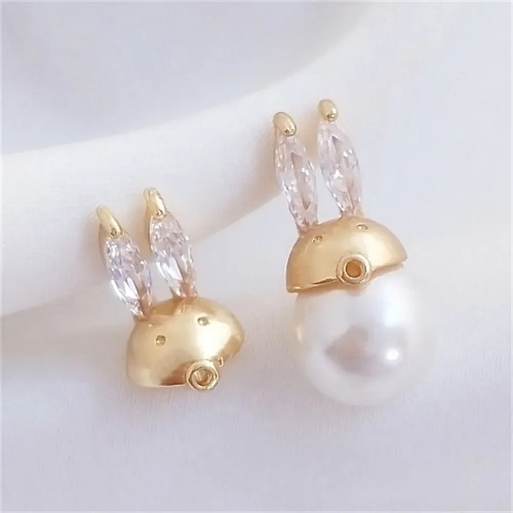 S925 Silver Needle 14K Gold Color Cute Bunny Zircon Rabbit Head Half Hole Bead Holder Earrings DIY Earrings Ear Accessories