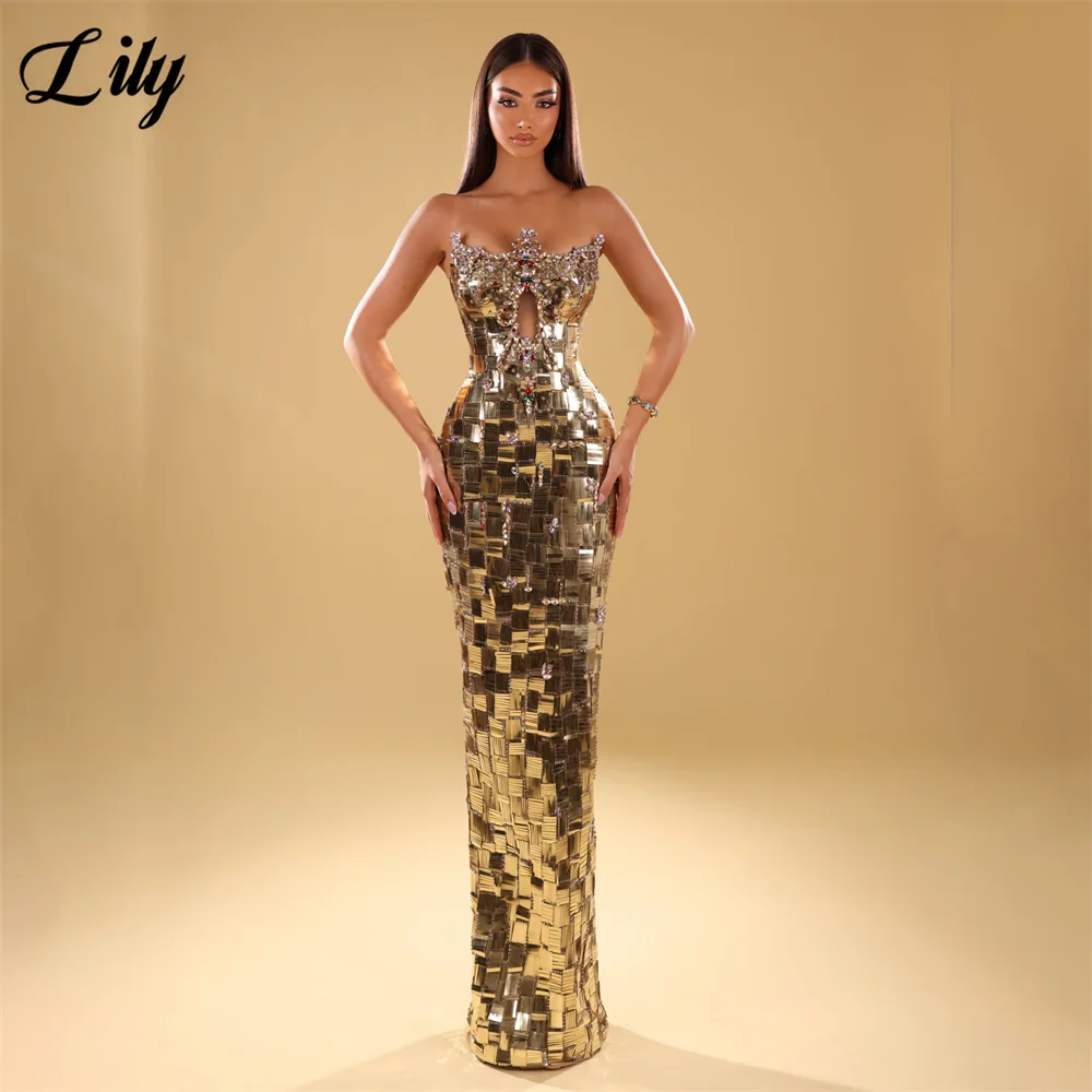Lily Gold Evening Dress Strapless Cutout Sequined Mermaid Party Dresses Multicolor Crystal Prom Gown robes du soir Customized