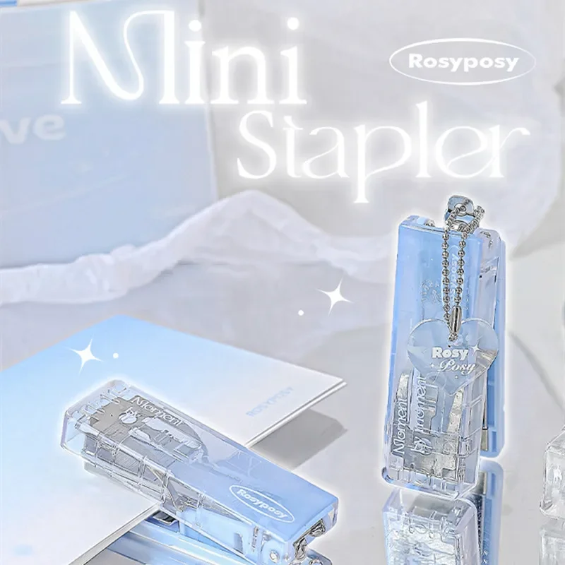 Mini Cute Stapler Fashion Transparent Gradient Color Stationery Stapler with Pendant Portable Bookbinding Tool Student Supplies