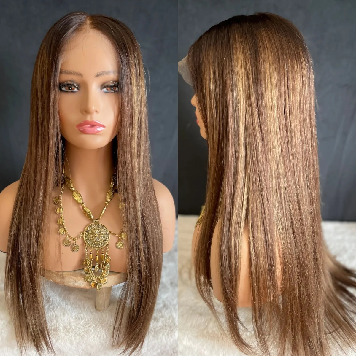 

Прямые синтетические парики средней длины коричневого цвета с блондинистыми прядями, на кружевной основе, от производителя, дешевые, на распродаже, для ежедневного использования