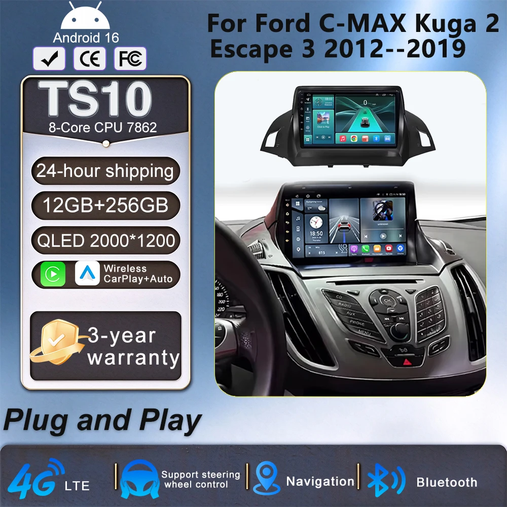 Android 16 Für Ford C-MAX Kuga 2 Escape 3 2012--2019 Android Auto Radio Multimedia-Player GPS-Navigation Carplay Haupteinheit QLED
