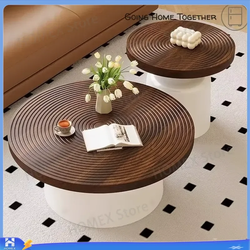 Modern Nested Round Coffee Table Set Walnut Corrugated Top White Base Living Room Center Tables Home Decor Furniture