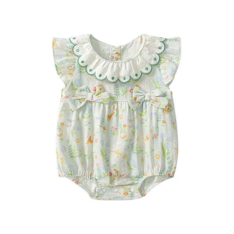 

MINISO Summer Baby Girl Pastoral Lace Collar Flutter Sleeve Triangle Romper Cotton Newborn Soft Daily Wear 0-1 years Bodysuits