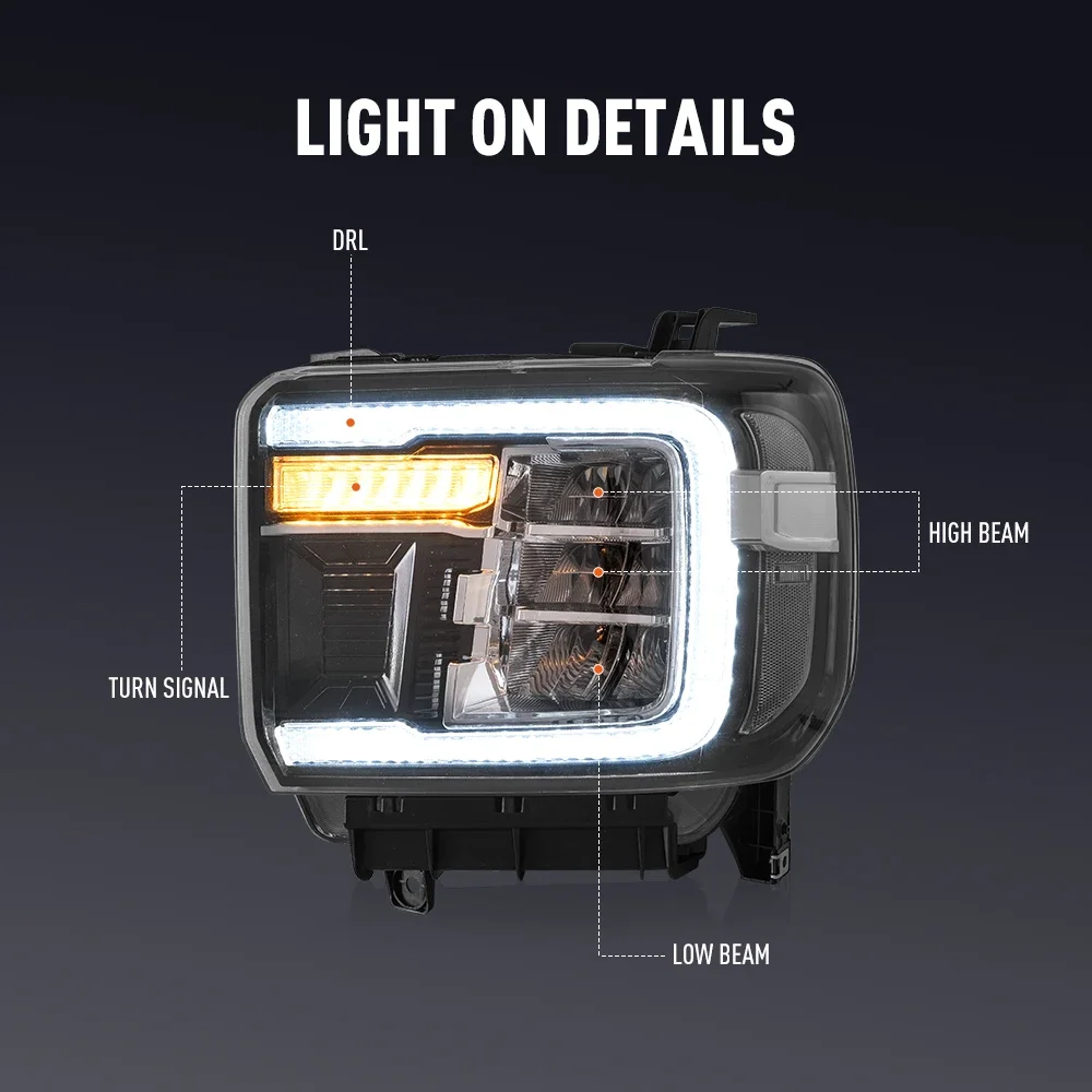 زوج من مجموعة مصابيح السيارة الأمامية LED لسيارة جي إم سي سييرا 1500 2014-2018 2500HD 3500HD 2015-19 مصباح أمامي للرأس مصابيح أمامية لإشارة الانعطاف #3