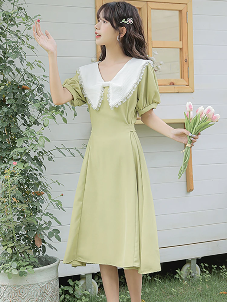 

2025 зеленое лоскутное белое платье миди с рюшами и кукольным воротником, женское элегантное повседневное праздничное платье, летнее корейское облегающее платье