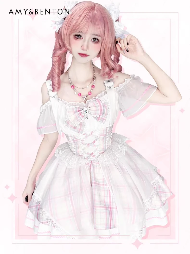

Original Sweetheart Girl Stage Costume Lolita Style Cute Bow Off Shoulder Short Sleeve Mesh Dresses Birthday Dress for Women