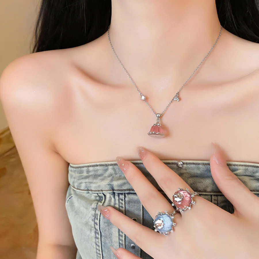 Cute Pink Blue Pudding Shaped Resin Rings for Women Inlaid Zircon Index Finger Ring Dating Banquet Jewelry Gifts Girlfriend K1