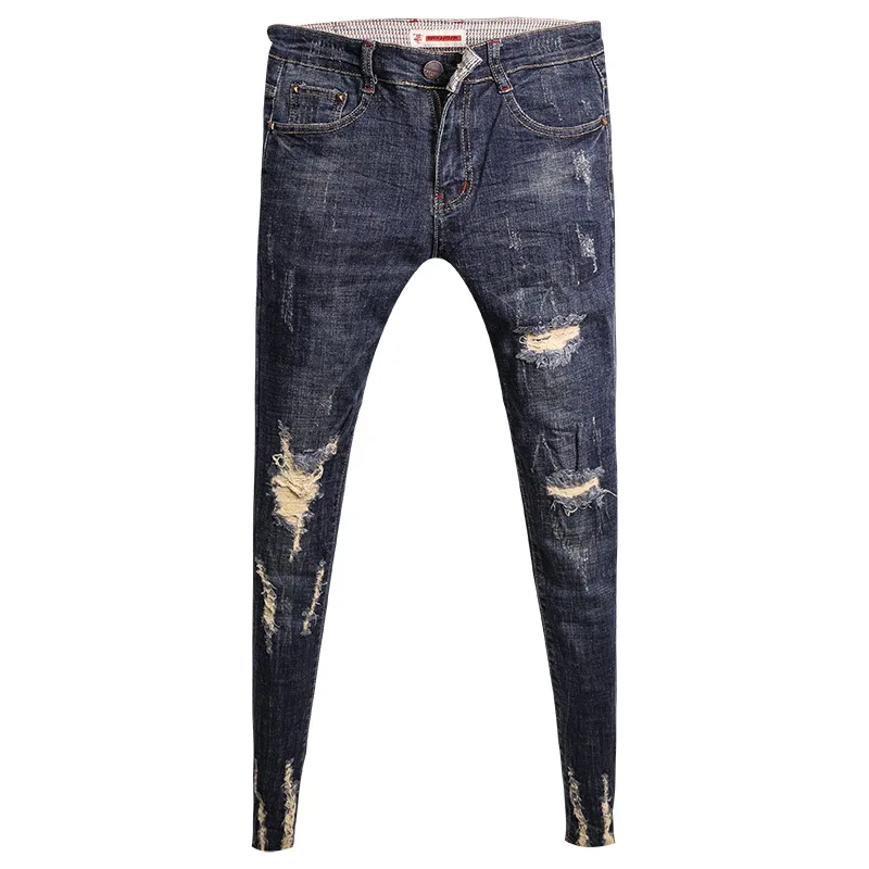 New 2022 Fashion Blue Ripped Hole Patch Slim Pants Male Skinny Jean Men Raw Edge Cat Claw Stretch Denim Ankle Length Pants Men