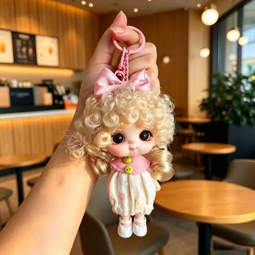 10CM Curly-Haired Doll Keychain Movable Joints Long Hair Mini Doll Pendant Versatile Wearable Outfit Bag Charm Doll
