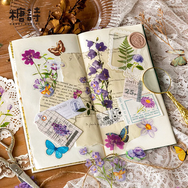 Mr. Paper 6 Style 100 Pcs/Pack Sticker Packs Retro Plant Flower Handbook Collage Material Sticker DIY Dairy Drinking Glasses