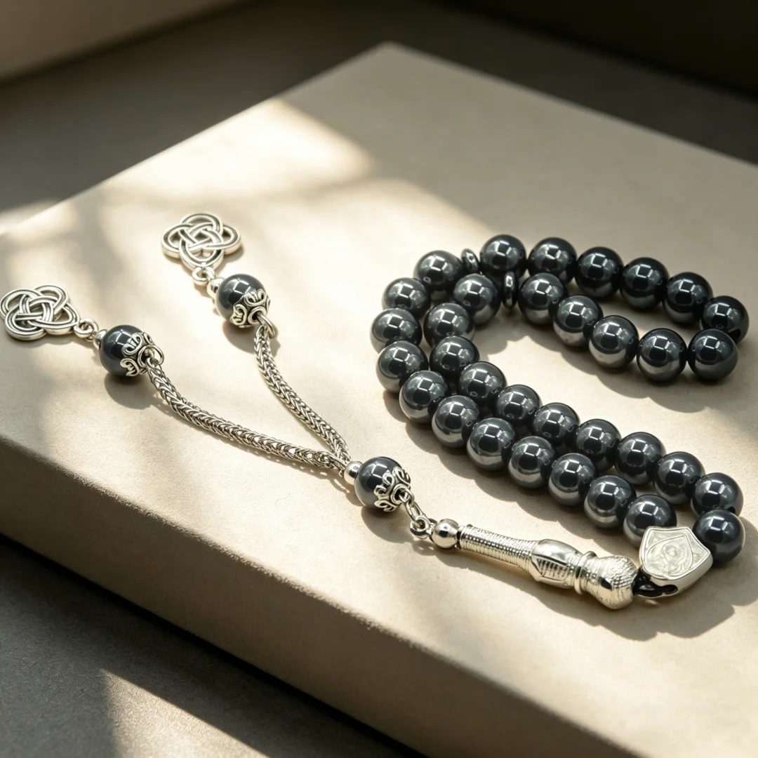 Hematite 10‑mm 33‑bead prayer beads, smooth and burr‑free, magnetic soothing portable mosque prayer counting bracelet