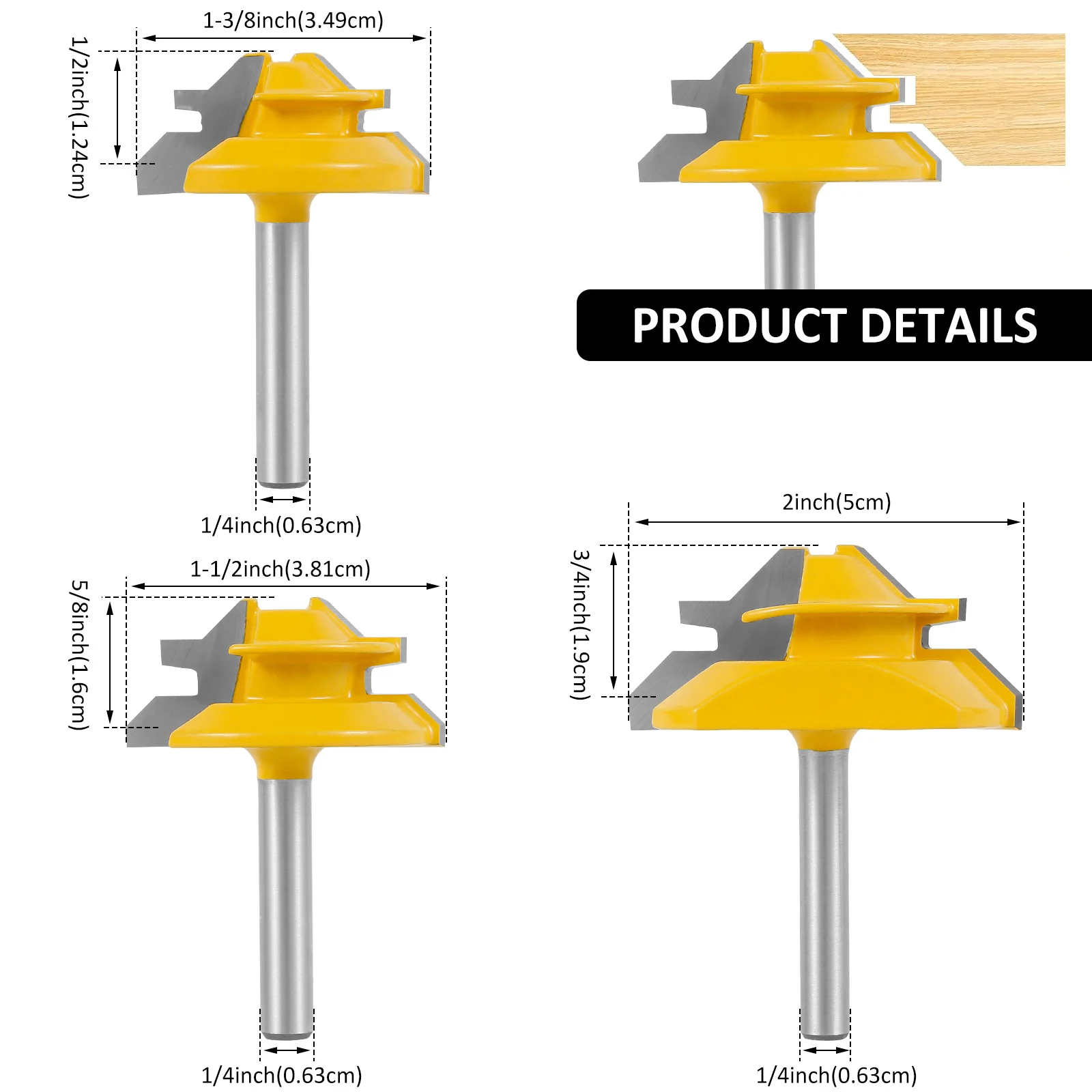 3Pcs 45° Lock Lock Miter Router Bit Woodworking Milling Cutter Tool  For Wood MDF Plywood Tenon Joint Cutter with 1/4inch Shank