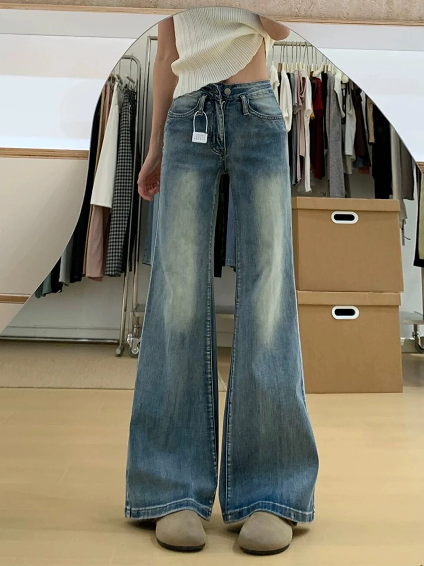 Dames jeans met lage taille Y2K gewassen broek slim fit licht flare Amerikaans