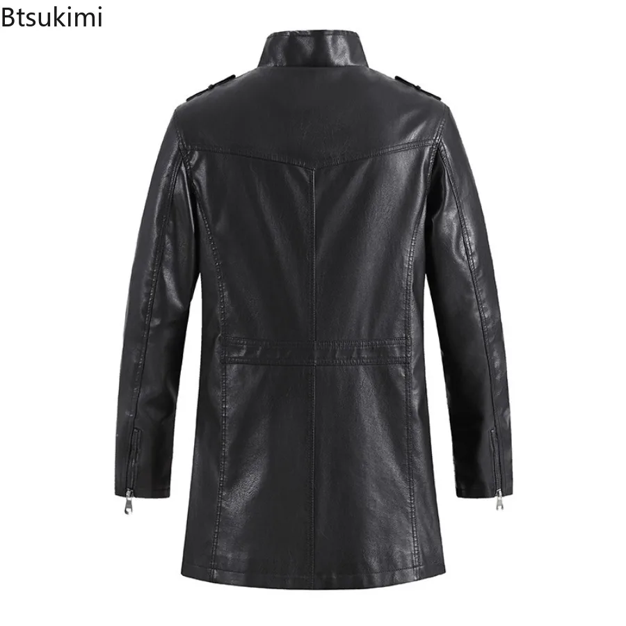 New Winter Long PU Leather Jackets Men Stand Collar Windbreaker Faux Outerwear Motorcycle Casual Warm Leather Coats Man Clothing