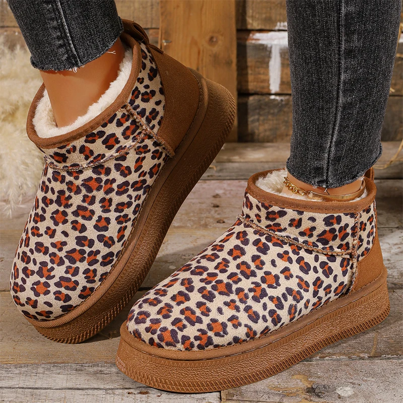 

Retro Leopard Suede Snow Boots Women Thicken Warm Long Plush Winter Boots Woman 2025 Platform Cotton Padded Shoes Female