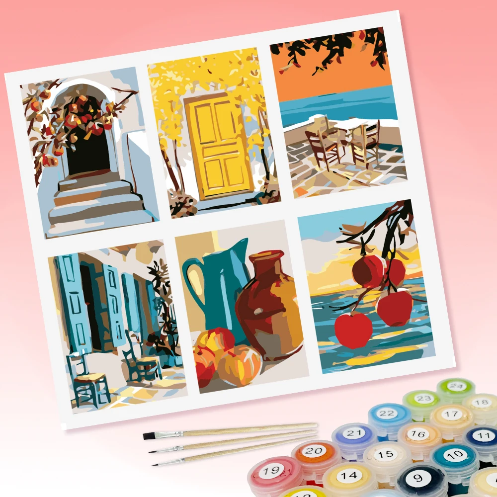 6 pieces of DIY coloring paintings featuring Blue Shutters & Courtyard Chairs suitable for home wall decoration.