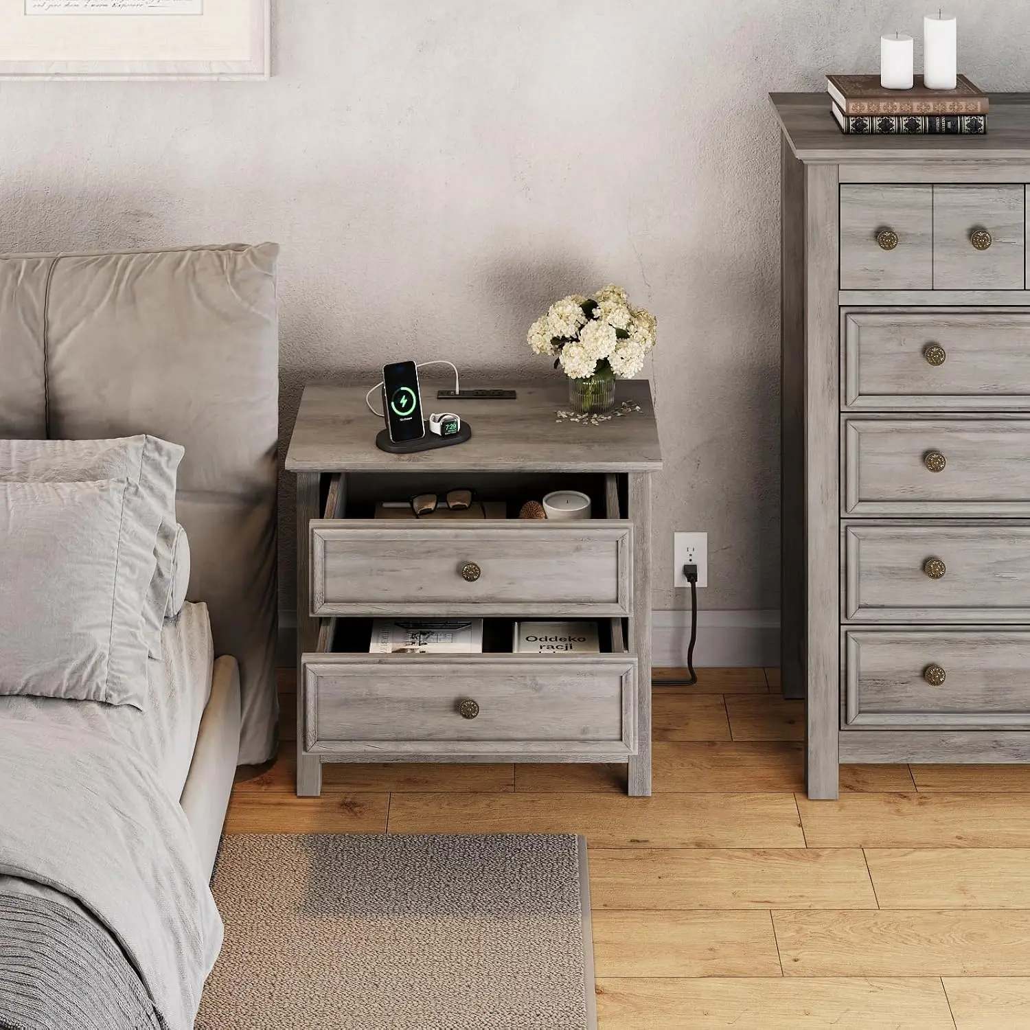 Large Nightstand with Charger & Drawers, 27