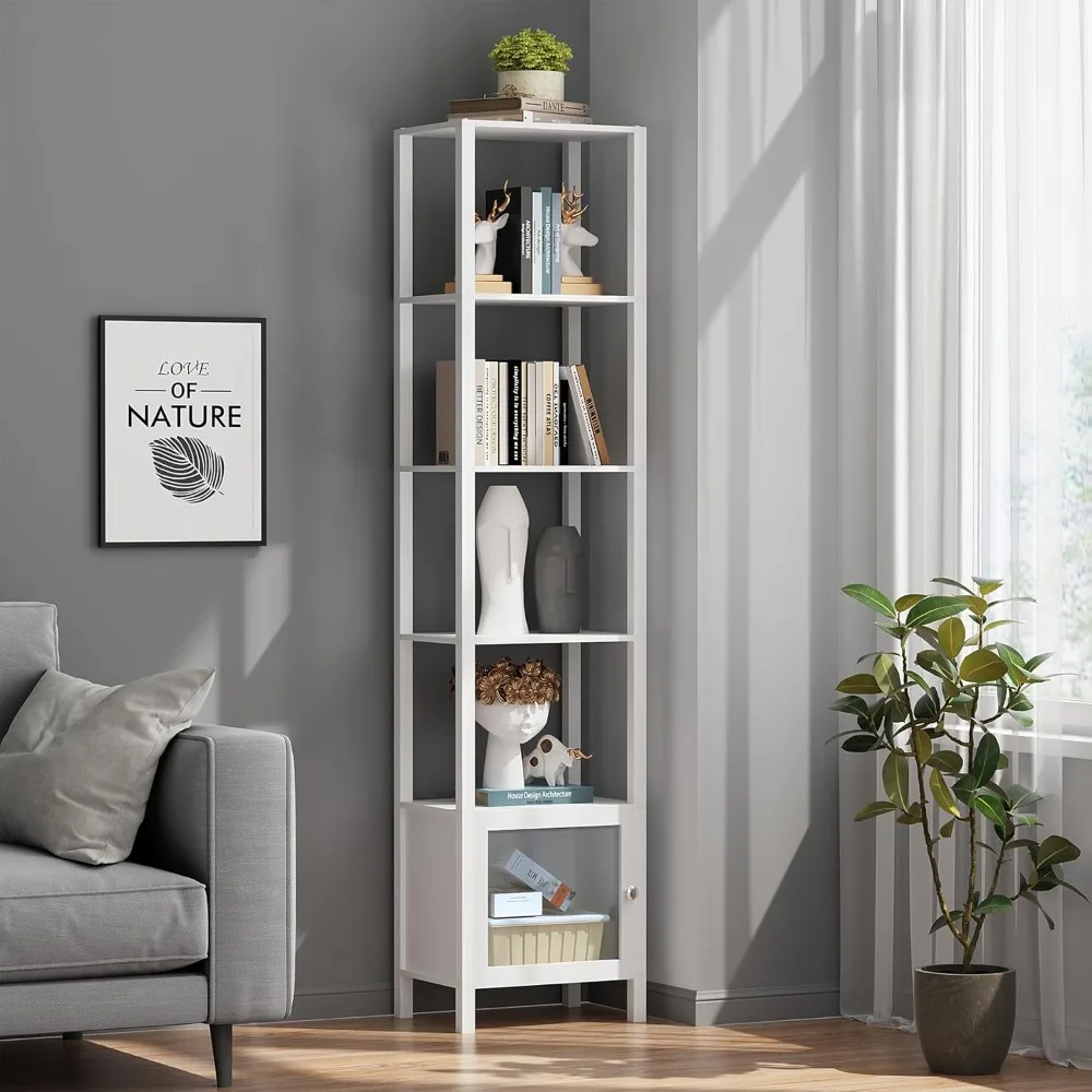 

6 Tier Bookcase and Bookshelf, Narrow Book Shelf with Door for Small Space, for Living Room, Office, Study, Entryway