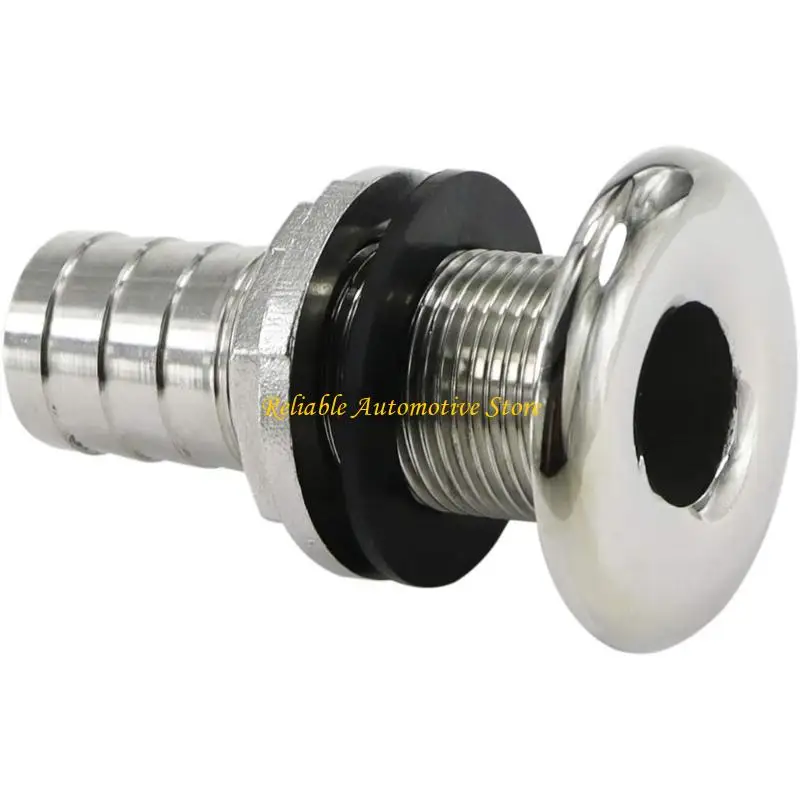 M68B Marine Thru-Hull Water Outlet Fitting, 316 Stainless Steel with Threaded Body and Hose-Barb End for Boat Plumbing