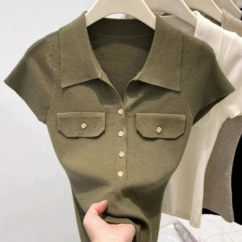 

Офисные женские эластичные тонкие однотонные летние шикарные топы с отложным воротником на пуговицах, женская элегантная мягкая трикотажная футболка с короткими рукавами