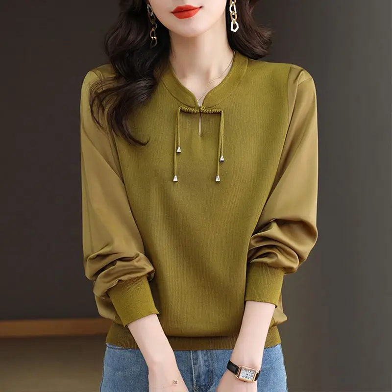 

Chinese Style Autumn Women's Solid Mandarin Collar Frog Knitting Screw Thread Patchwork Fashion Long Sleeve Chiffon Shirt Tops