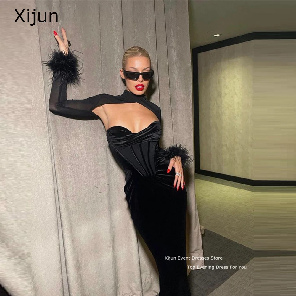 XIjun Black Velvet Evening Dress Two Pieces Prom Dresses Long Sleeve Mermaid 2023 Formal Prom Gown Feather Birtyday Party Dress