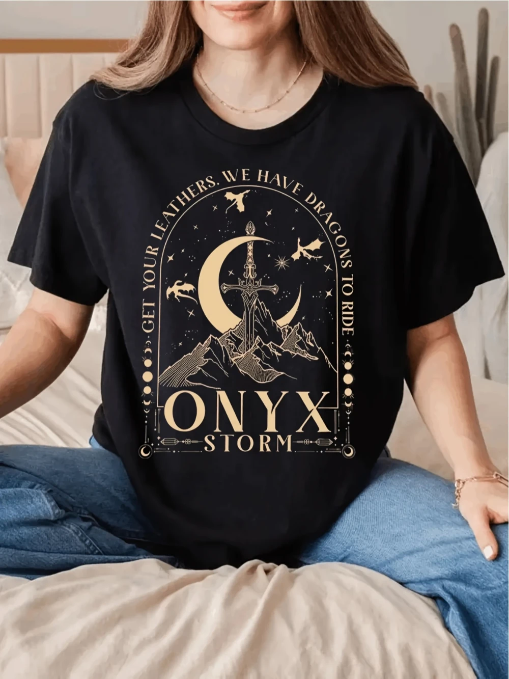 White ONYX Storm Dragon - Fantasy Book Series Inspired Get Your We Have Dragons To Ride Slogan Dragon ONYX Storm Logo Design