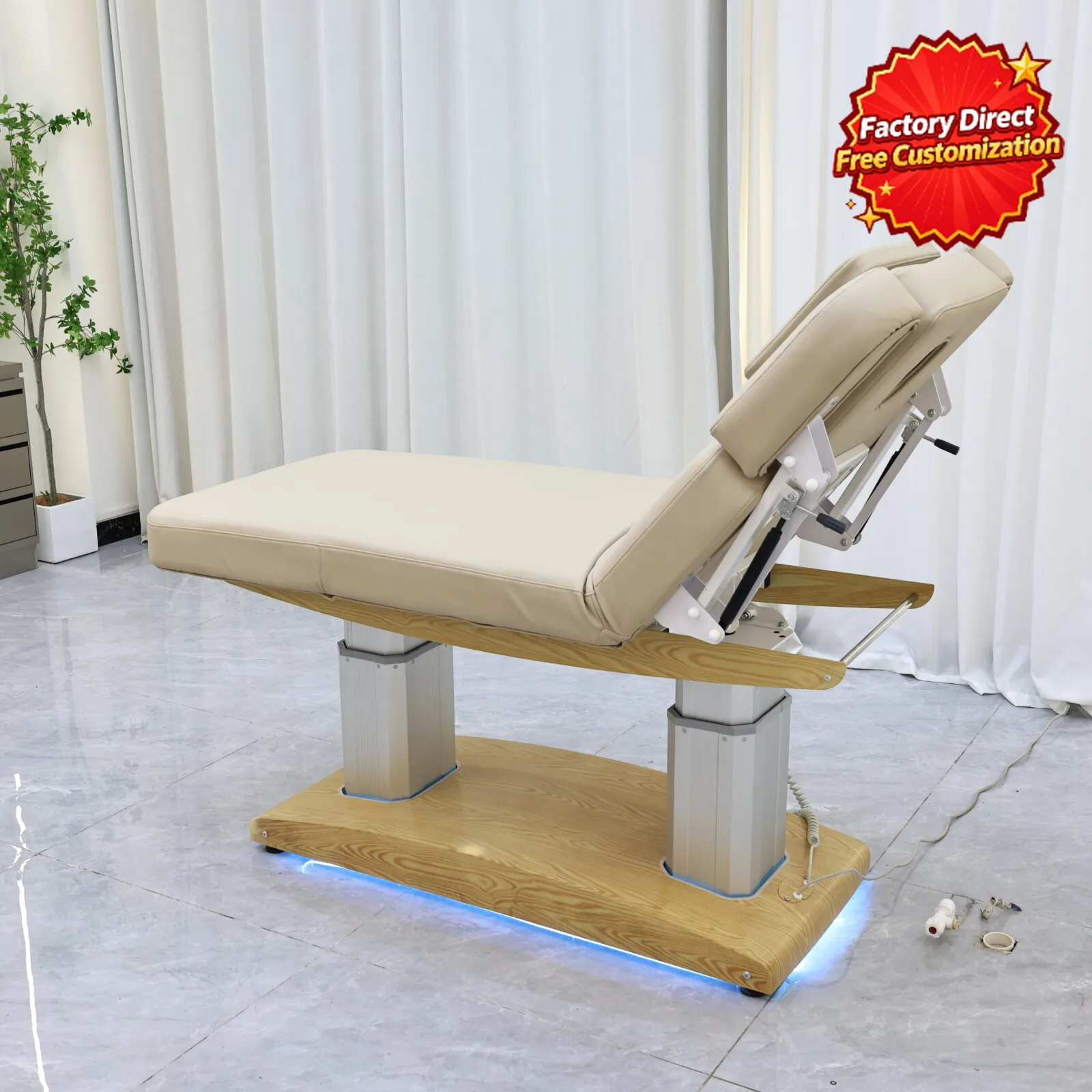 Electric Massage Table Beige Adjustable Treatment Bed Facial Spa Bed with LED Light Wood Base Dual Column Lift for Salon
