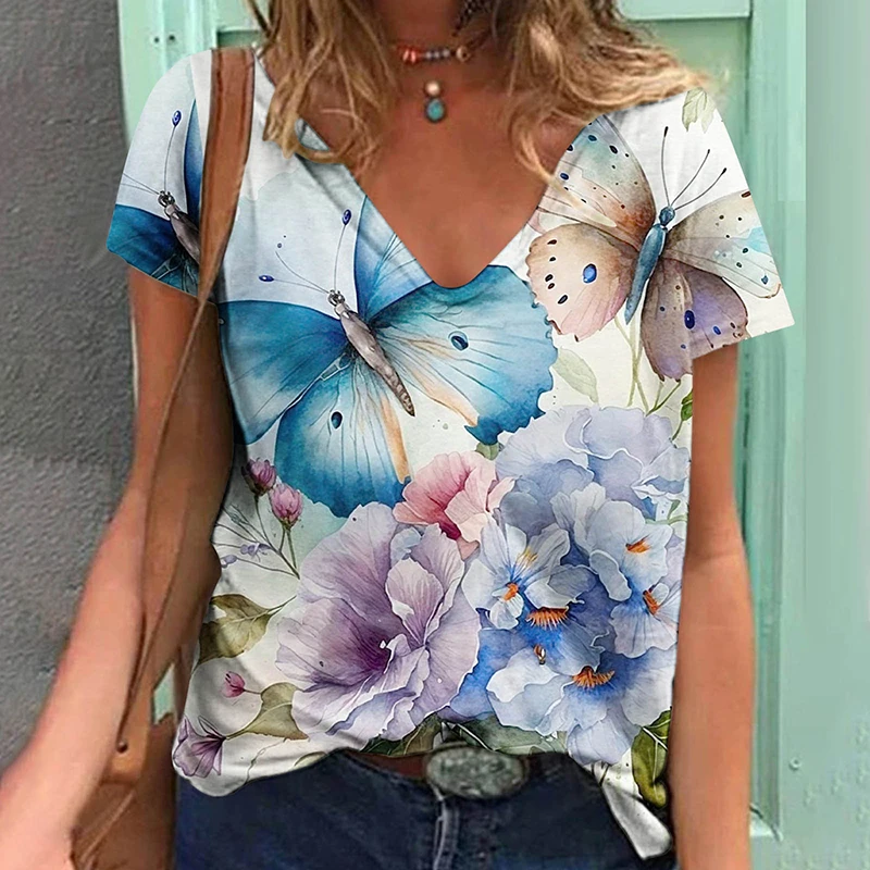 Plant Flower Floral 3D Print T-shirts Women V-Neck T Shirt Short Sleeve Y2k Top Harajuku Streetwear Oversized Tee Girl Clothing