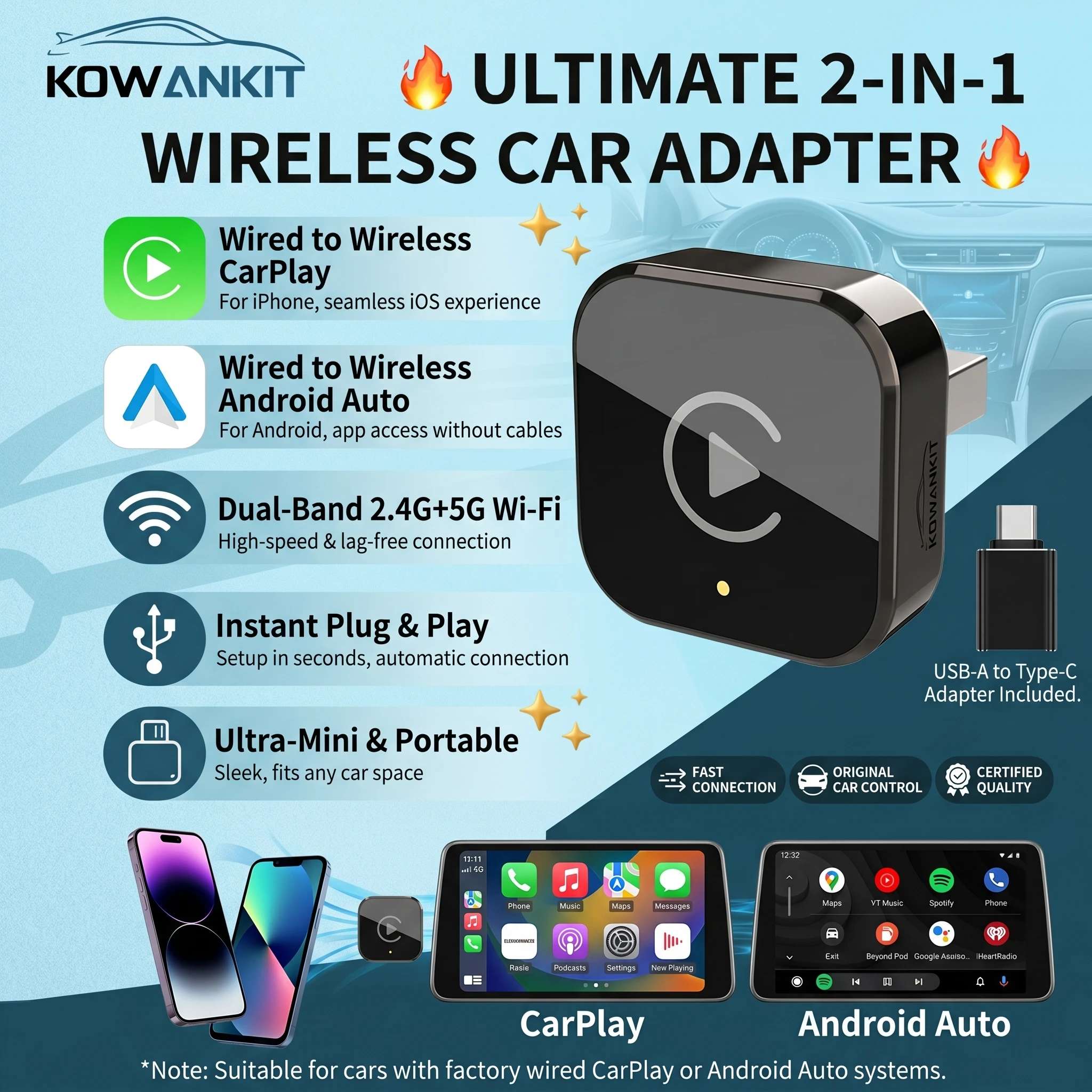 Kowankit 2026 Wireless CarPlay Dongle Android Auto 2 in 1 Convertor BT 5G WiFi Plug Play Auto Connect For Toyota Hyundai Ford VW