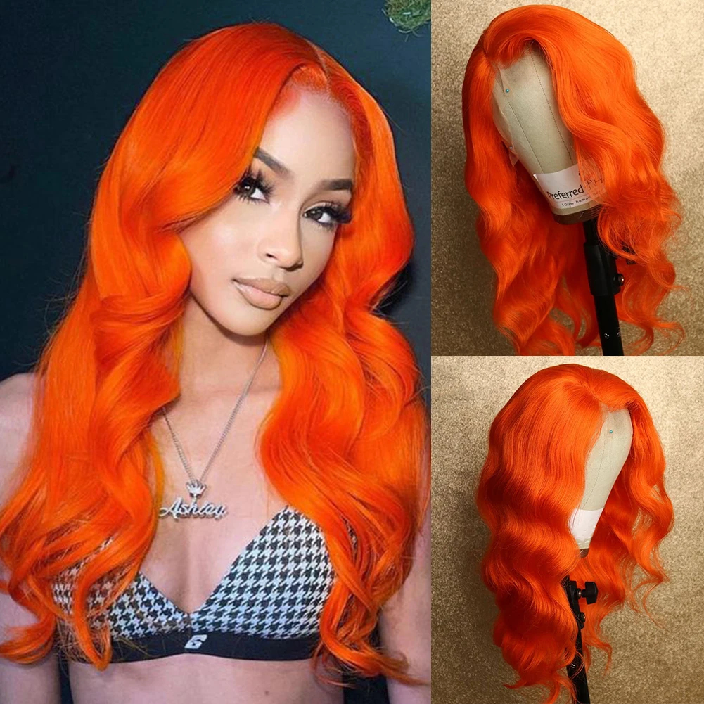 Orange Hair Body Wave Wigs for Black Women Synthetic Lace Wig Middle Part Cosplay Wavy Wig Natural Hairline Party Wear Wigs Use