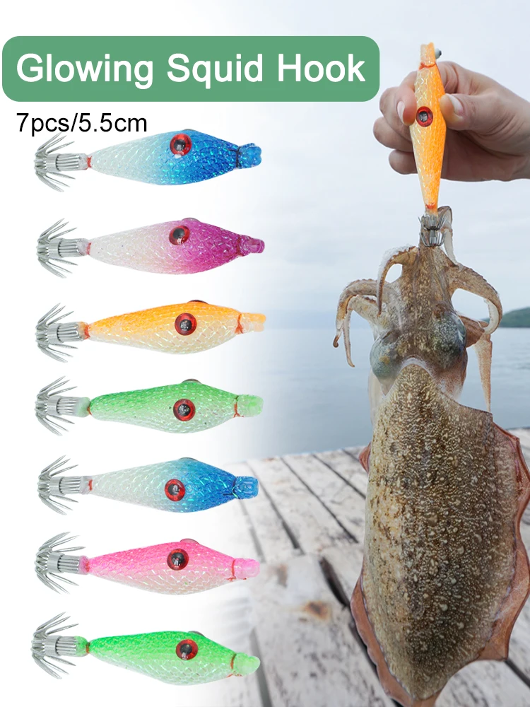 7 Pcs Squid Hook Octopus Cuttlefish Fishing Bait Simulation Luminous Fishing Bait Squid Jig Baits Fluorescent Fishing Lures