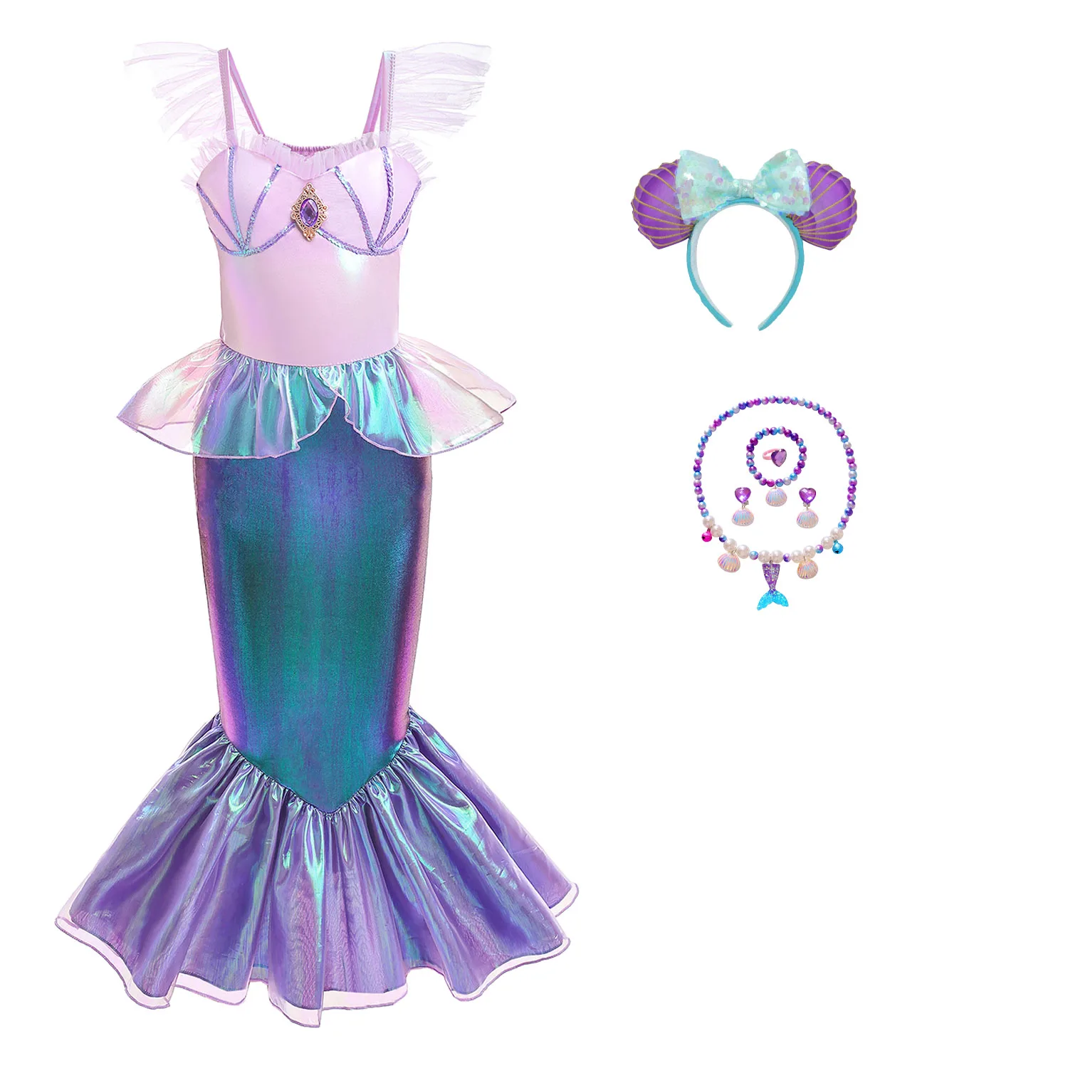 The Little Girl Fancy Gradient Mermaid Costume Ariel Role Play Fishtail Cosplay Dress Summer Kids Princess Beach Holiday Party D