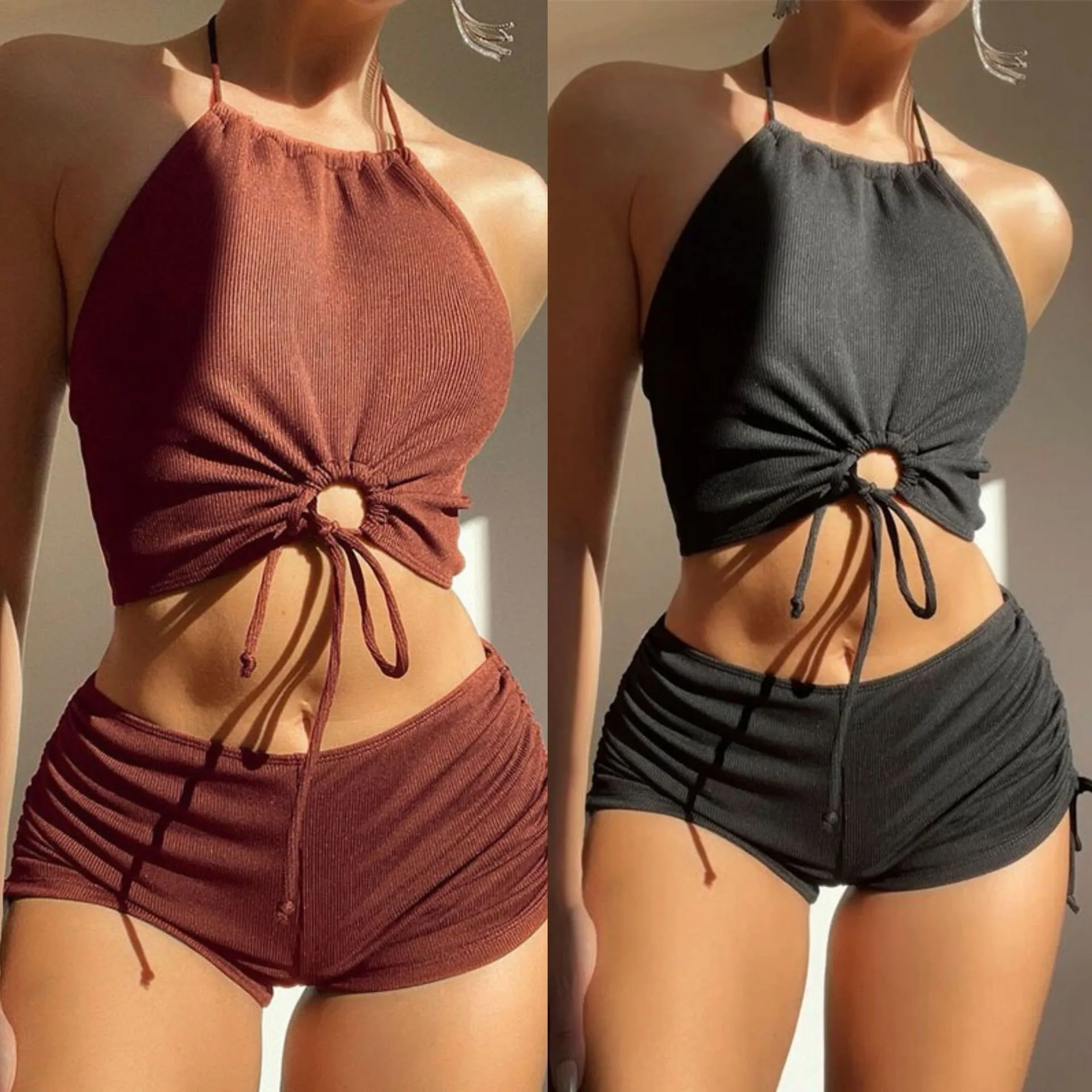 

Woman 2026 Bikini High Waist Halter Neck Top Bikinis Knotted Front Drawstring Waist Swimwear Ribbed Solid Two Piece Swimsuit