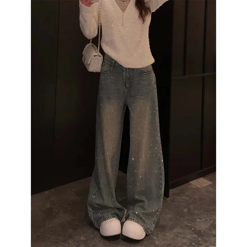 

Faionable High Waist Wide Leg Jeans Women's Spring 2026 New Sle Glittering Drill Knife Straight Leg Pants