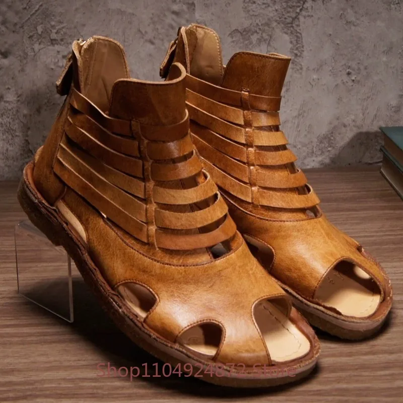 Summer Vegetable Tanned Cowhide Handmade Retro High Top Shoes Men's Hollowed Out Genuine Leather Casual Roman Sandals Male