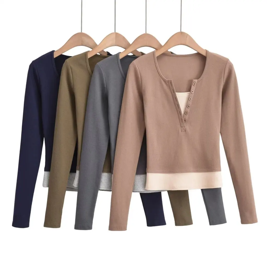 

YPFF женская модная футболка с v-образным вырезом контрастного цвета, короткий топ с длинными рукавами, искусственный дизайн из двух предметов на осень-зиму