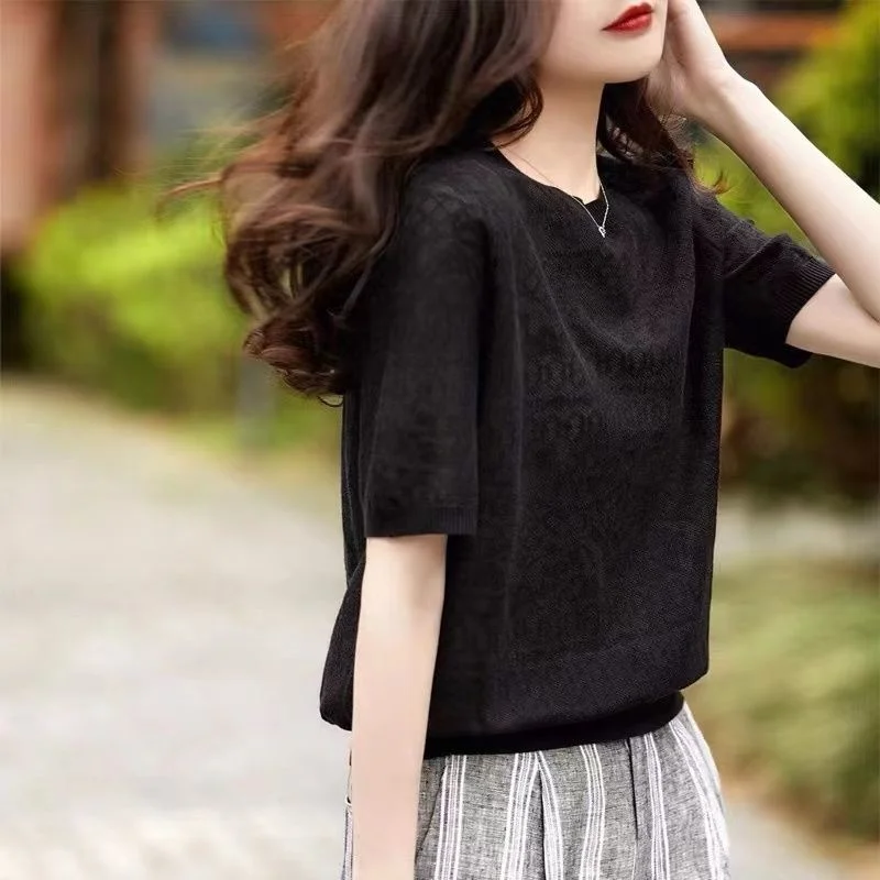 2024 Spring And Summer New Thin Bottoming Streetwear Womens Clothing Perspective Ice Silk Knitted Blouse Top White Shirt Blusas